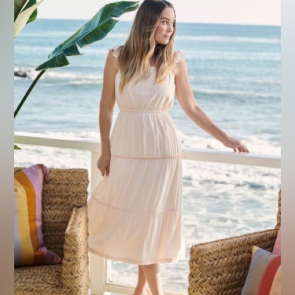 Lauren Conrad pink tiered pinafore dress with ruffle